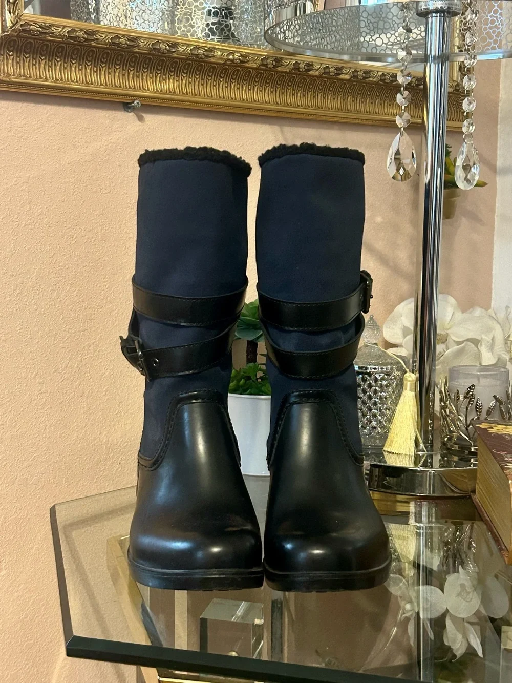 Coach Zena Navy Suede and Black Leather Mid-Calf Buckle Boots Size 8